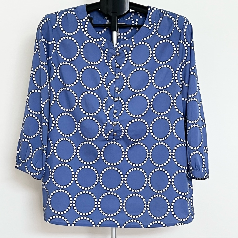 Banana Republic Women’s Pullover Blue Circle Dot Top With 3/4 Sleeves Size Large